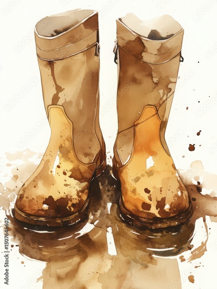 Brown rubber boots stand in a puddle, surrounded by splatters of muddy water. The wet ground reflects the color and texture of the boots, capturing a rainy day atmosphere.