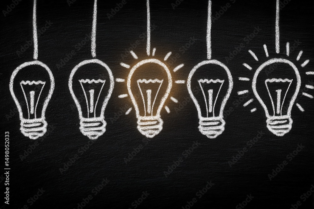 Chalk drawing features five light bulbs hanging from strings, with one bulb brightly lit while the others remain unlit. The background is a textured blackboard, enhancing the contrast.