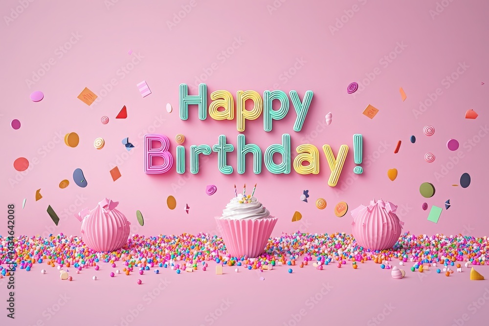 Cheerful birthday setting features vibrant cupcakes and colorful sprinkles scattered on a bright pink background, creating a fun and lively atmosphere for celebration.