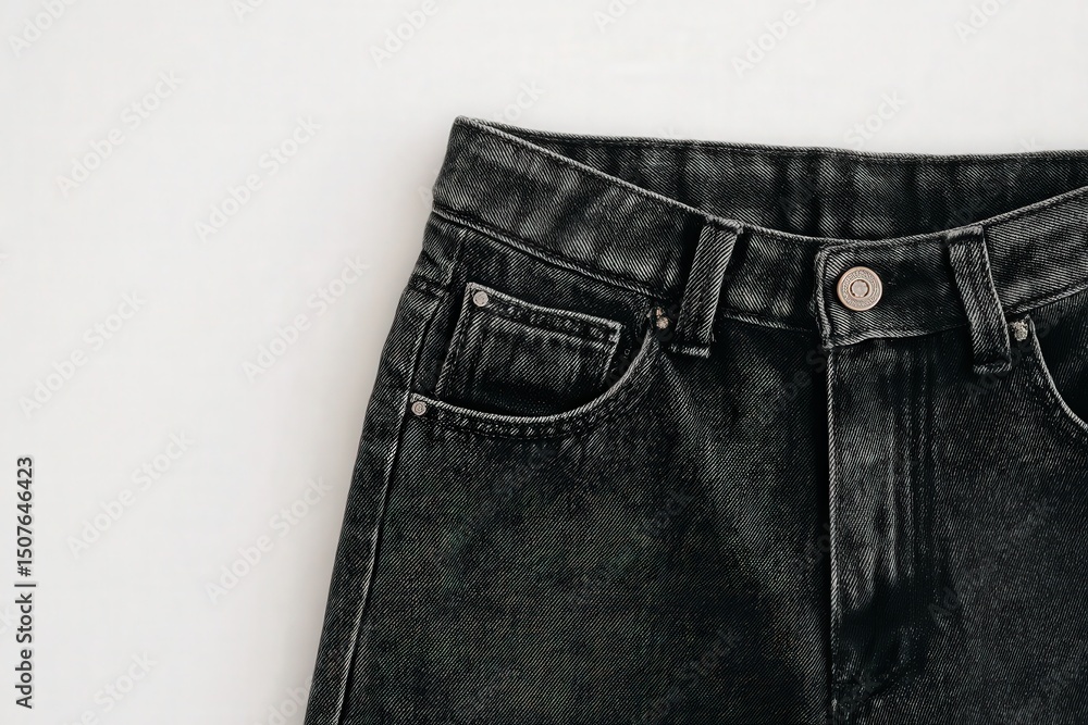 Close-up view of high-waisted black denim jeans on a light background. This design features classic pockets and a unique texture, offering a contemporary look suitable for various outfits.