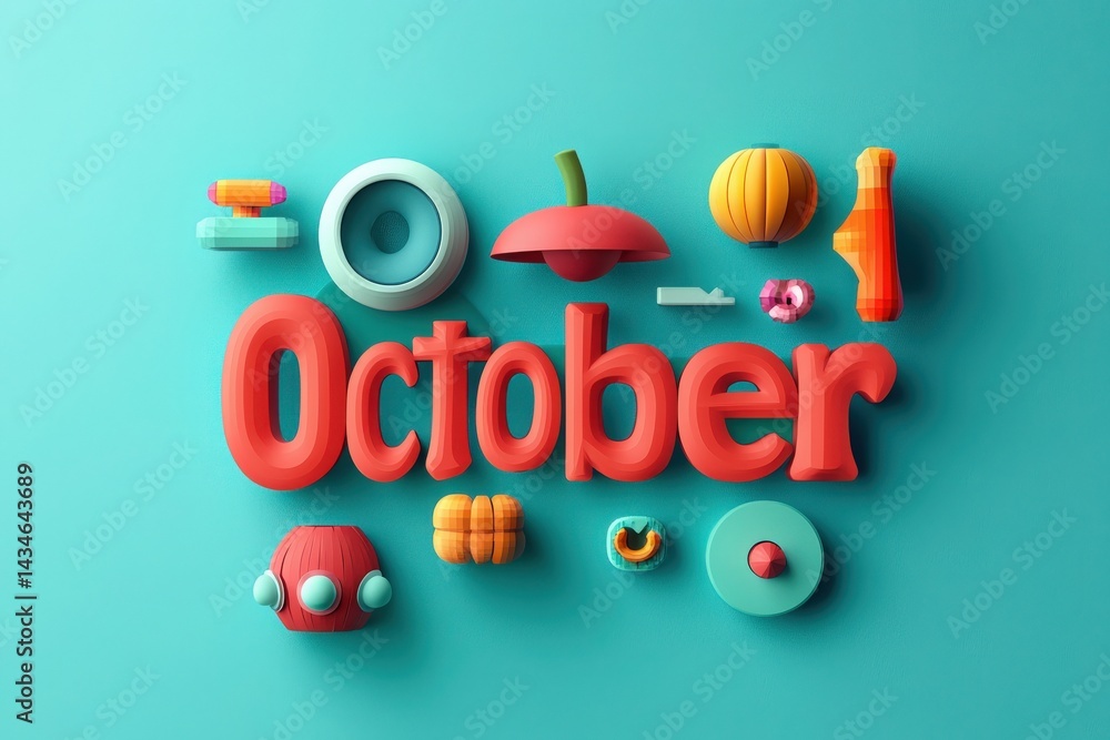 Colorful 3D letters spell October, surrounded by playful decorative shapes like pumpkins and bubbles. The vibrant teal background enhances the lively autumn feel of the composition.