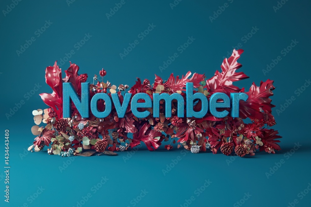 Colorful November text set amidst a backdrop of rich red foliage and pine cones creates a festive atmosphere. This decorative display captures the essence of autumn and seasonal change.