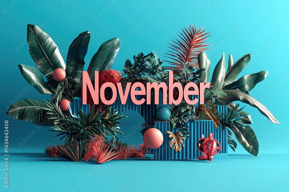 Colorful arrangement features tropical plants and abstract shapes in a stunning 3D design for November. The bright background and playful elements create an engaging visual experience.