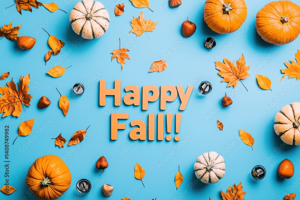 Colorful arrangement featuring pumpkins, dried leaves, and small candles on a vibrant blue background. The words Happy Fall stand out, highlighting the autumn season and festivities.