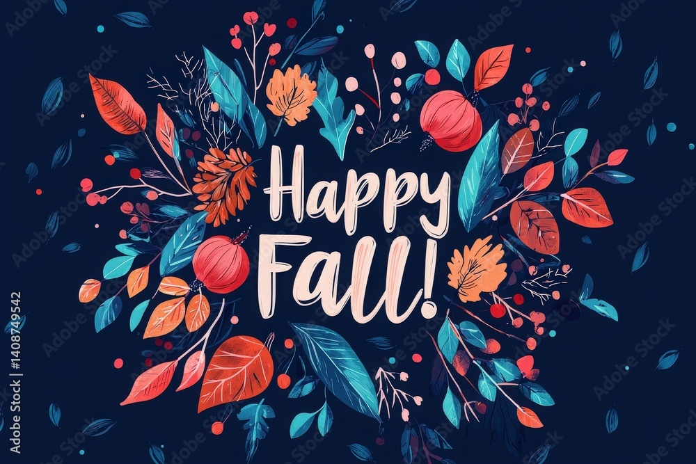 Colorful autumn leaves and decorative elements surround the cheerful greeting Happy Fall! evoking the warmth and beauty of the season. The dark background enhances the vivid hues.