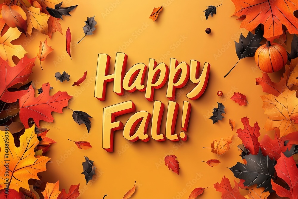 Colorful autumn leaves scatter around a cheerful message celebrating fall. The arrangement features oranges, reds, and yellows, creating an inviting seasonal atmosphere ideal for festivities.