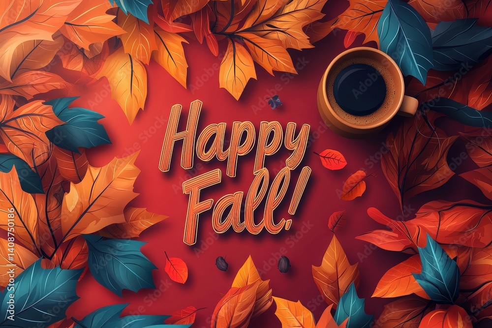 Colorful autumn leaves surround a coffee mug placed on a rich red background, creating a cozy atmosphere that welcomes the fall season. The design features the words Happy Fall! prominently.