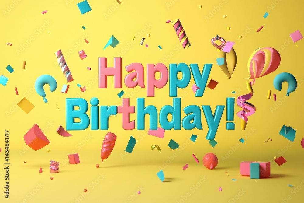 Colorful birthday decorations float against a bright yellow background, featuring playful elements like balloons, gifts, and confetti. The cheerful text Happy Birthday! stands out prominently.
