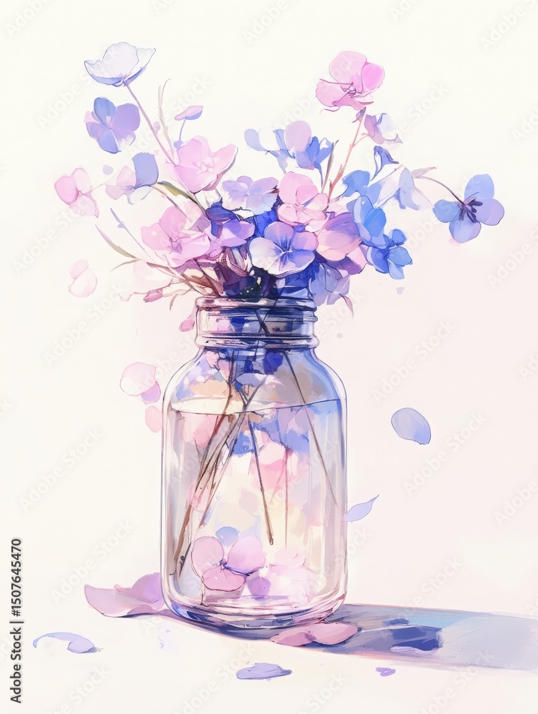 Colorful blooms are arranged in a clear glass jar, showcasing shades of pink and blue. Delicate petals surround the base, adding a touch of freshness. The soft lighting enhances the natural beauty.