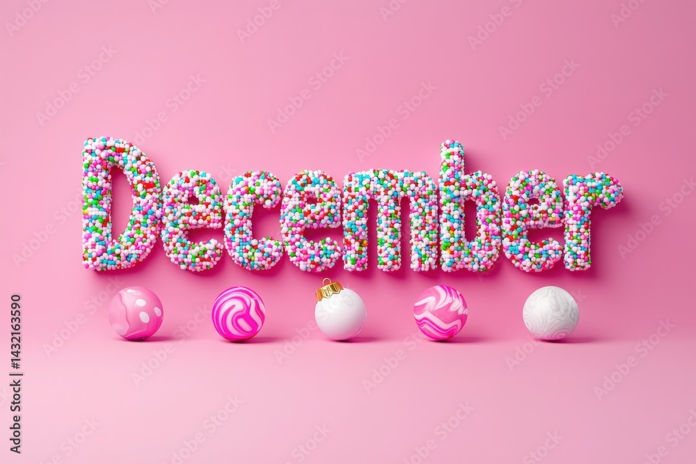 Colorful candies form the word December, accompanied by festive ornaments in pink and white on a bright pink background. This cheerful setup captures the spirit of the holiday season.