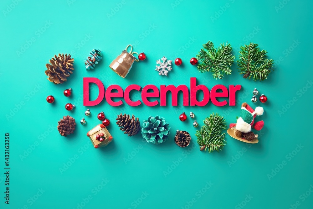 Colorful decorations including pinecones, bells, and festive figures surround the word December, set against a bright turquoise background. This arrangement embodies the spirit of the holiday season.
