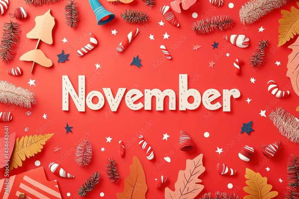 Colorful decorations lay scattered on a red background, showcasing the spirit of November. Various shapes, including leaves and festive items, enhance the seasonal ambiance.