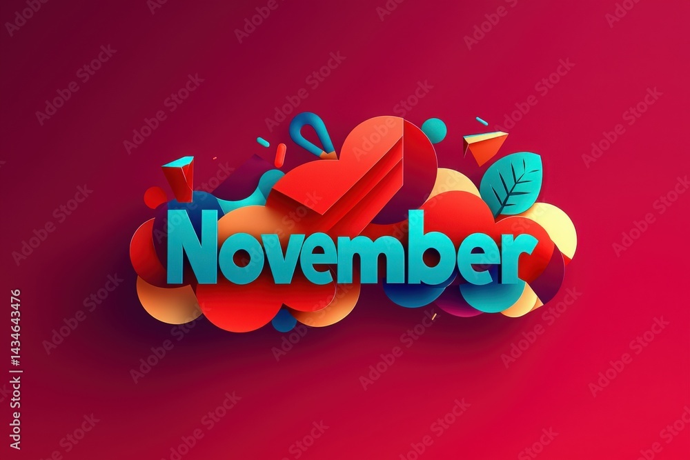Colorful design features the word November in bold letters surrounded by playful shapes and leaves, celebrating the seasons festivities. The vibrant background enhances the autumnal theme.