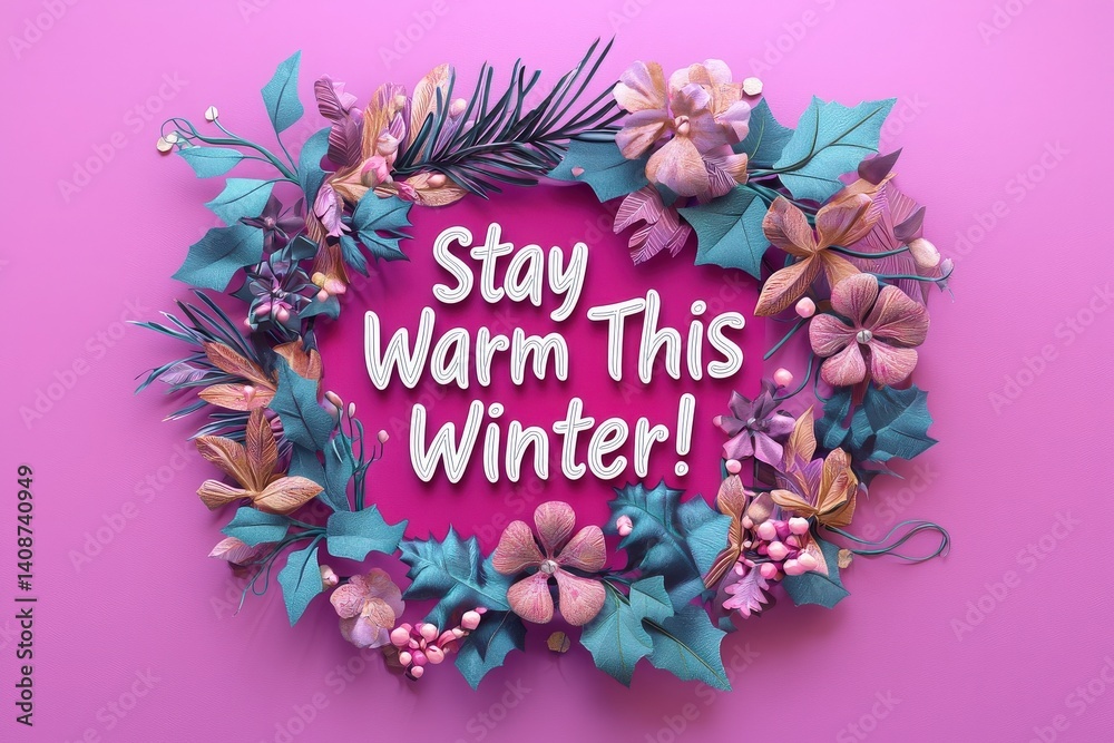 Colorful floral wreath arrangement featuring vibrant flowers and leaves against a pink background delivers a warm winter message. The design evokes a cozy, inviting atmosphere perfect for the season.