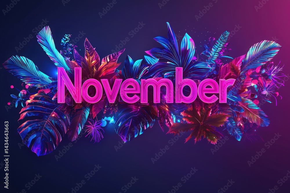 Colorful foliage with neon accents surrounds the bold text November, creating a lively atmosphere perfect for autumn-themed events and promotions.