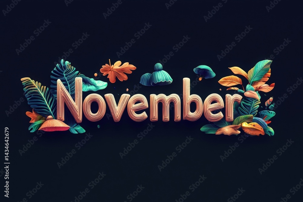 Colorful leaves and various autumn elements surround the word November, showcasing the beauty of fall. This creative artwork captures the essence of the month with a lively presentation.