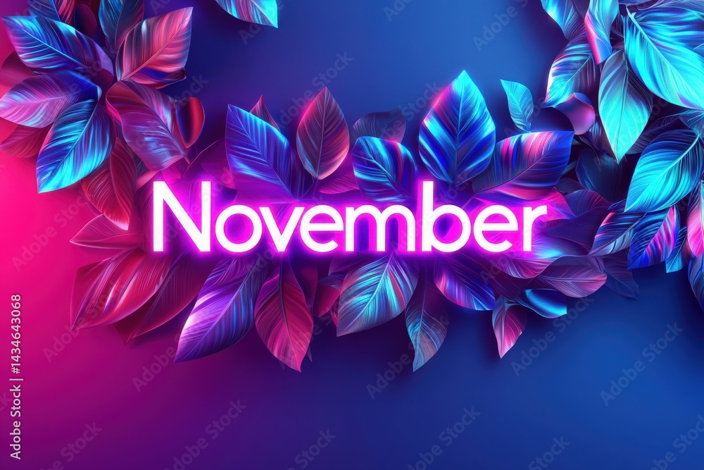 Colorful leaves create an eye-catching border around the word November, glowing in neon pink against a deep blue background. The artwork captures a lively autumn atmosphere.