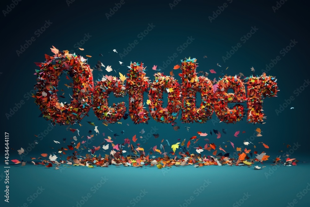 Colorful leaves in shades of red, orange, and yellow create the word October against a deep blue backdrop. The composition conveys a sense of fall, transformation, and seasonal beauty.