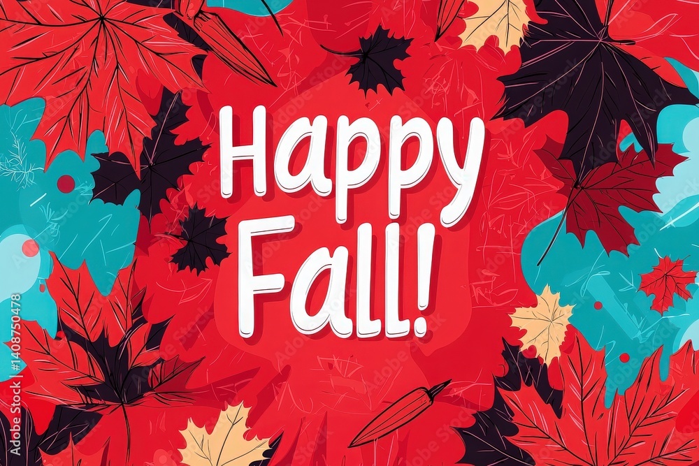 Colorful leaves in shades of red, yellow, and black form a lively autumn background. Joyful text wishing a happy fall enhances the seasonal spirit in a vibrant arrangement.