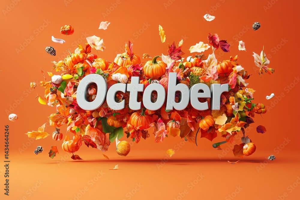 Colorful leaves, pumpkins, and flowers fill the background, showcasing shades of orange, yellow, and brown. The word October stands prominently, creating a festive fall atmosphere.