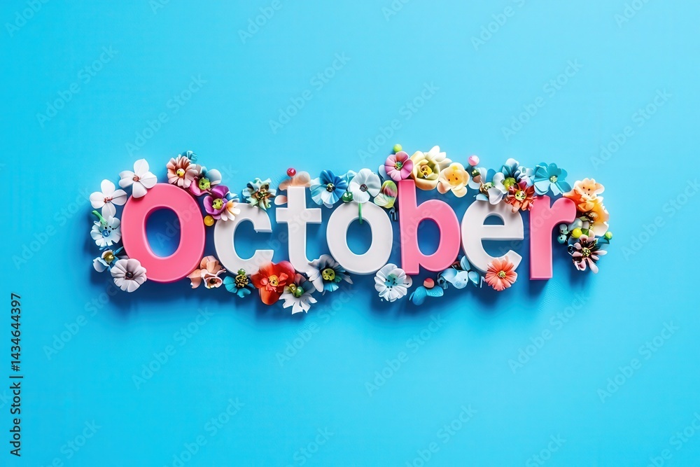 Colorful letters spelling October stand out, adorned with various flowers against a lively blue background. Vibrant hues celebrate the autumn season and evoke a festive mood.