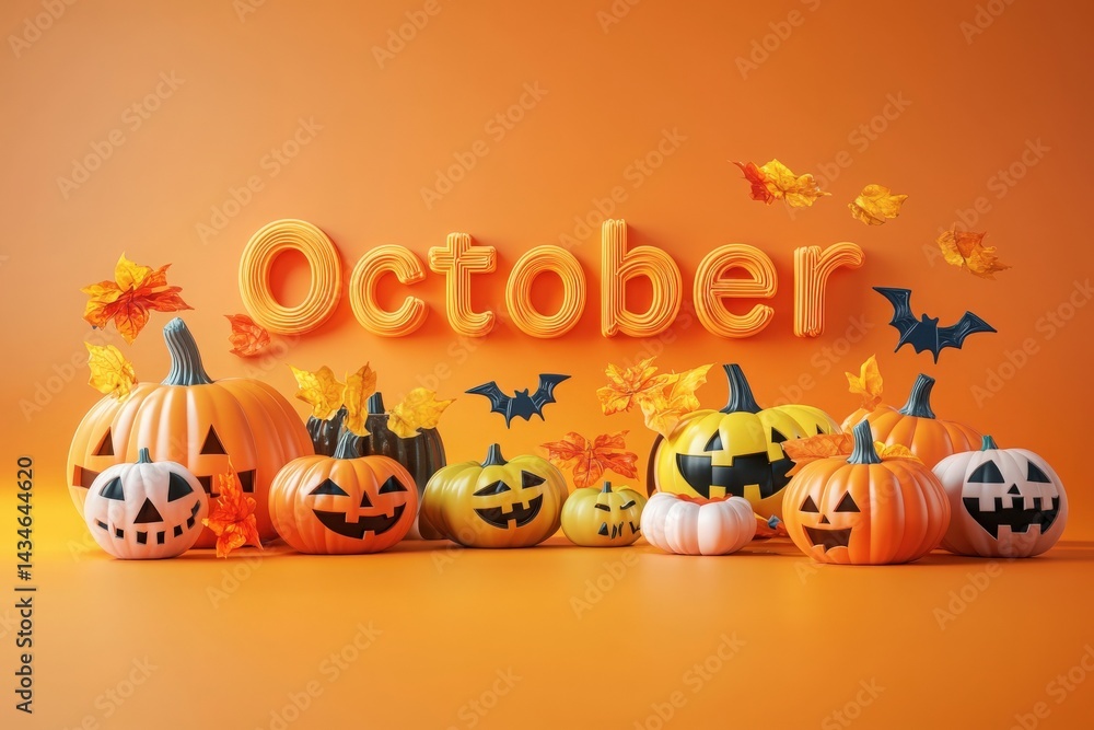 Colorful pumpkins of various sizes and expressions are arranged on a vibrant orange backdrop. Bats and leaves float nearby, creating a festive atmosphere for October and Halloween.