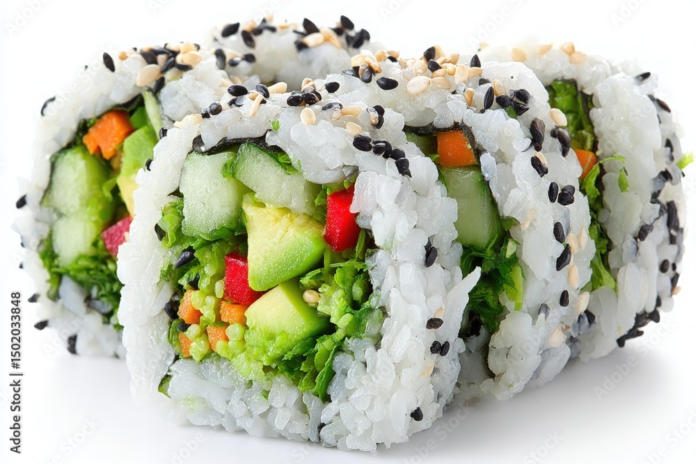 Colorful sushi rolls filled with fresh vegetables such as cucumber, avocado, and bell peppers are neatly arranged. The rolls are garnished with sesame seeds, showcasing a healthy meal option.