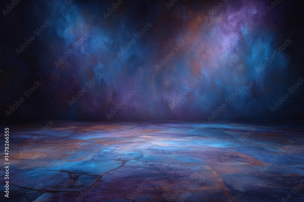 Colorful swirling patterns fill the background, blending shades of blue, purple, and hints of orange.