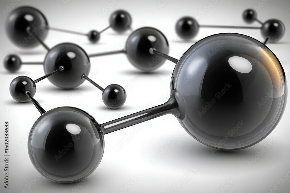 Complex black molecular structures are arranged dynamically, showcasing the fundamentals of chemistry and science. This visual emphasizes connectivity and interaction among the molecules.