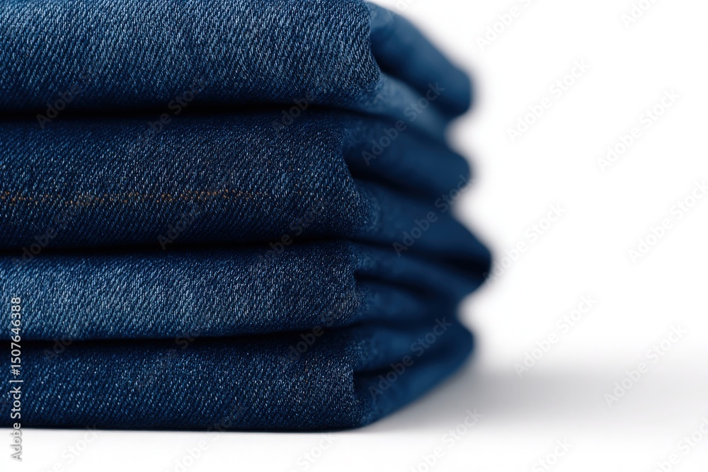 Dark blue jeans are neatly folded in a stack, highlighting their rich color and smooth texture. They are perfect for casual outfits and fashionable styles all year round.