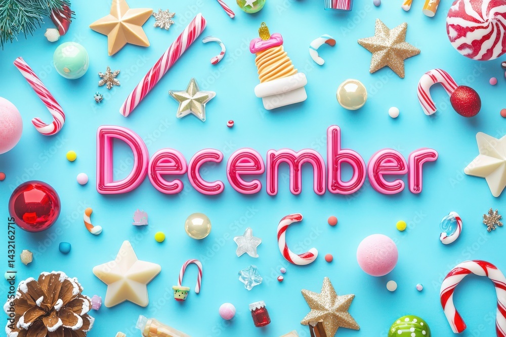 December decorations feature a vibrant display of candy canes, ornaments, and star shapes spread across a bright blue background, capturing the holiday spirit and joy.