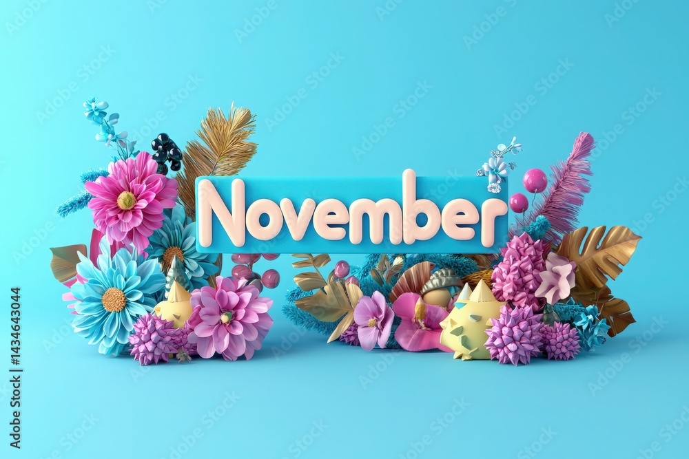 Decorative display featuring the word November surrounded by colorful flowers and foliage on a blue background, perfect for autumn-themed events or seasonal celebrations.