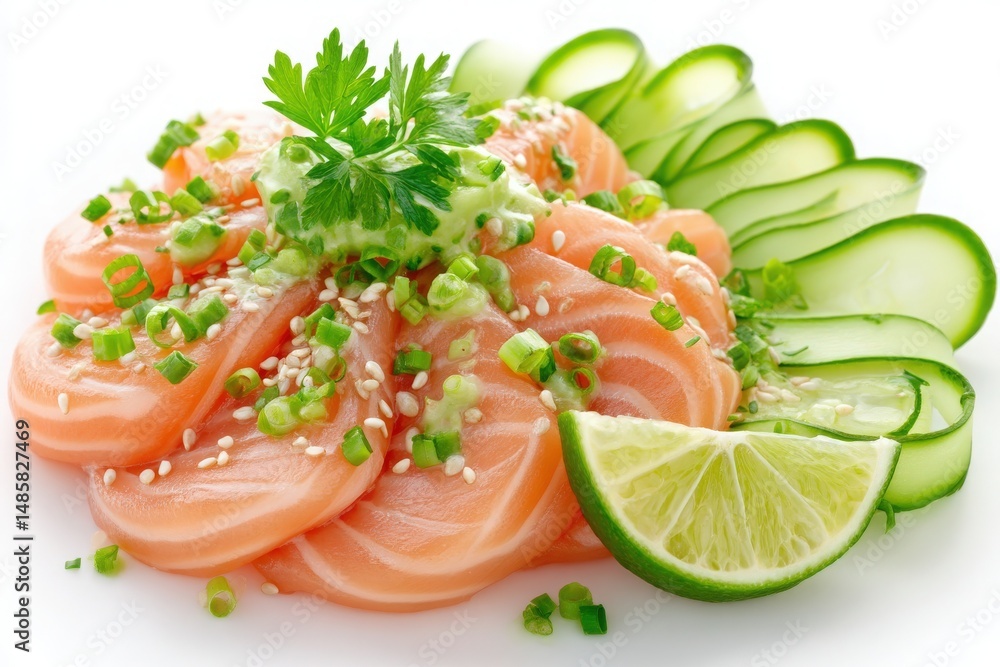 Delicate slices of fresh salmon are artfully arranged alongside cucumber slices and lime wedges. Green onions and sesame seeds add vibrant garnishes, enhancing the dishs appeal.