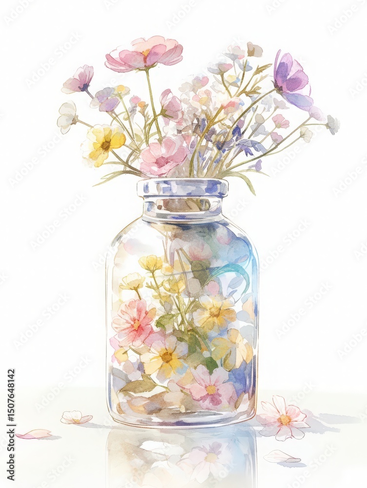 Delicate wildflowers bloom in a clear glass jar, showcasing an array of pastel colors. Soft sunlight enhances the gentle beauty of the floral arrangement against a neutral background.