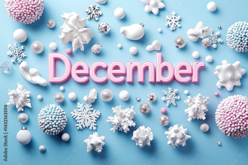 Delicate winter decorations featuring white snowflakes, pastel ornaments, and text highlighting December. The light blue background adds a cheerful winter atmosphere to the arrangement.