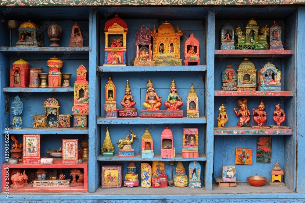Detailed handcrafted figurines and idols are arranged on bright blue wooden shelves. The vibrant colors and intricate designs showcase local artistry, creating a lively atmosphere.