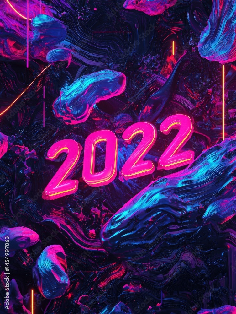 Dynamic abstract artwork showcases vivid neon pink and blue shapes swirling around the bold number 2022. The dark backdrop enhances the colorful elements, creating an engaging visual experience.