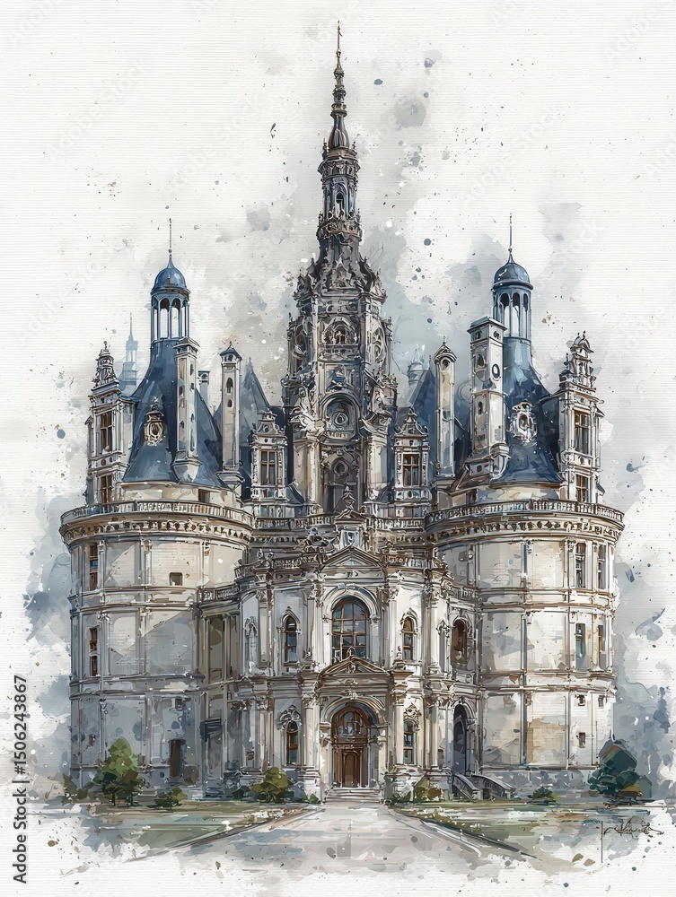 Elaborate castle structure showcases towers and elaborate fa?ades. The scene captures the artistry of architecture with a rich history, highlighting the beauty of its design in soft, muted colors.