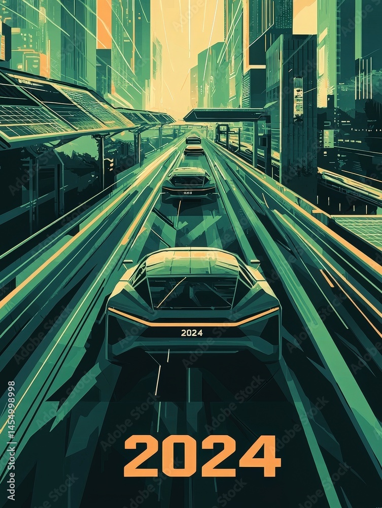 Electric cars glide along a sleek, illuminated highway in a vibrant cityscape. Towering buildings and solar panels reflect a sustainable future, showcasing advanced technology in urban design.