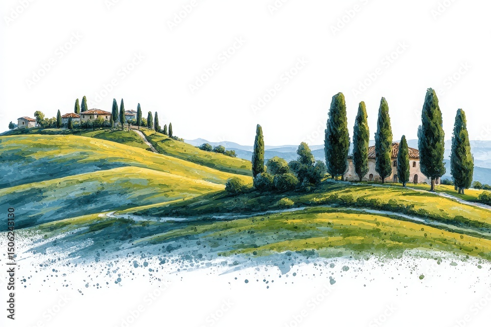 Expansive green hills of Tuscany showcase tall cypress trees and charming rustic villas. Soft light highlights the serene landscape during a clear day. A tranquil escape into natures beauty.