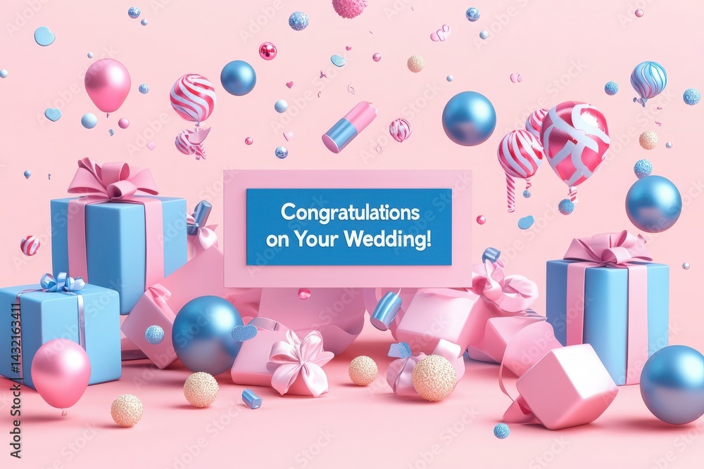 Festive arrangement with pastel-colored gifts, balloons, and ornaments celebrating a wedding. The backdrop features a soft pink color, creating a cheerful atmosphere for the occasion.