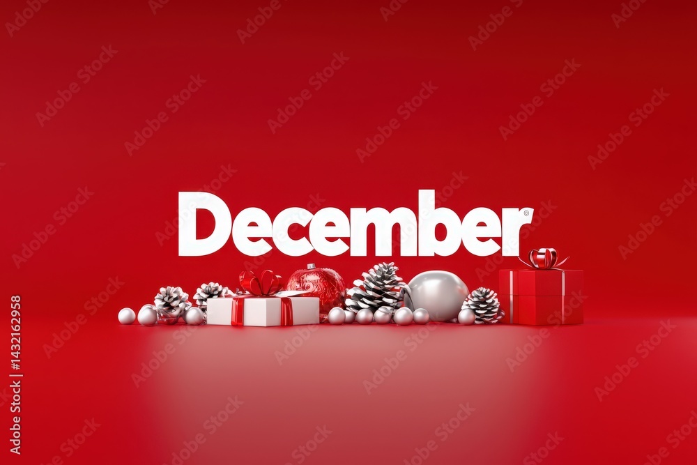 Festive decorations for December showcase red and silver ornaments, gift boxes, and pine cones on a bright red background, evoking the joyful atmosphere of the holiday season.