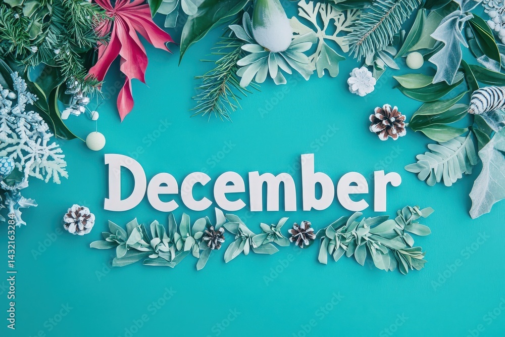 Festive display features the word December surrounded by various holiday plants and decorations on a teal background.