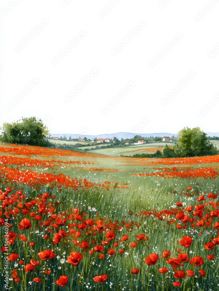 Fields of bright red poppies bloom across the landscape, creating a stunning vista under a clear sky. Distant hills and charming houses complete this serene spring scene.