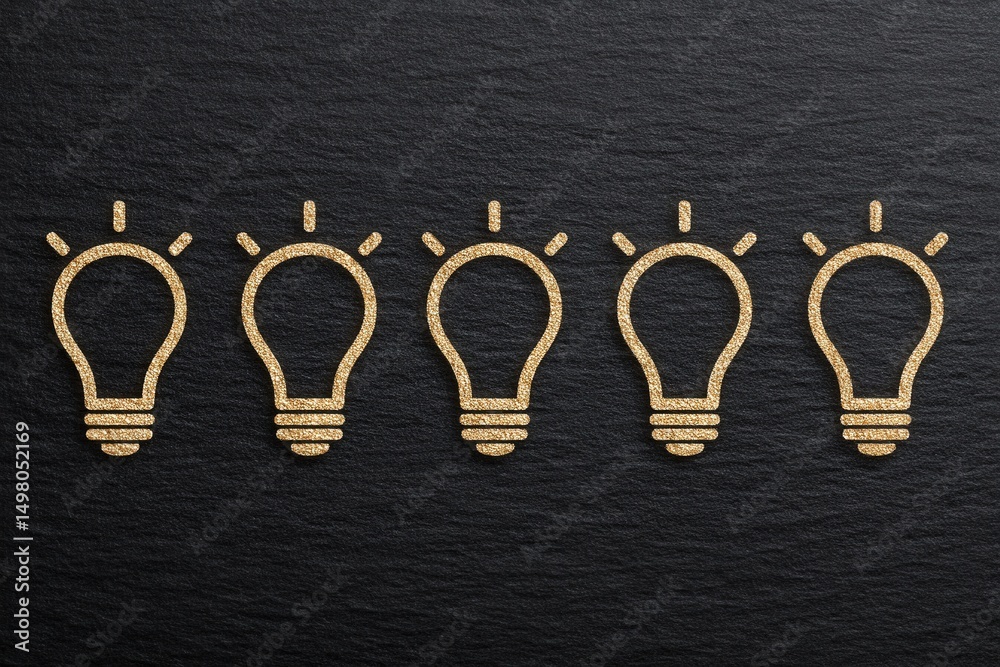 Five golden light bulb icons are lined up on a dark textured background, showcasing a creative and modern design. The bulbs symbolize ideas and innovation, enhancing a contemporary aesthetic.