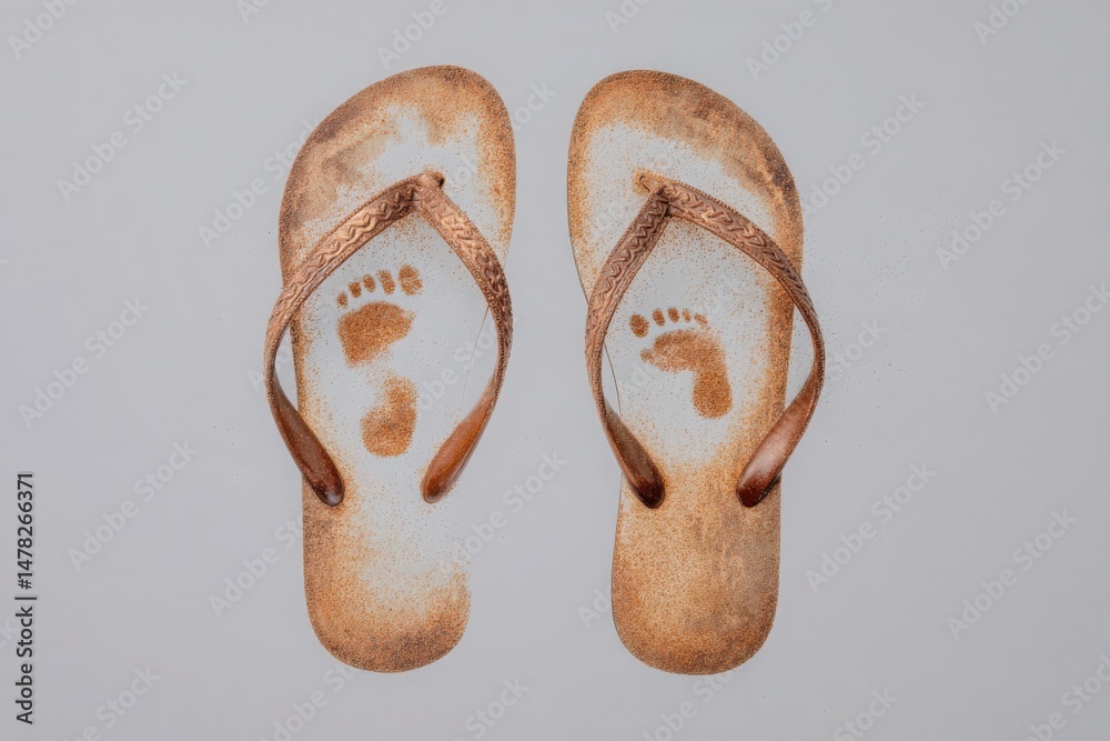 Flip flops lay on a flat surface, featuring footprints reminiscent of a sandy beach.