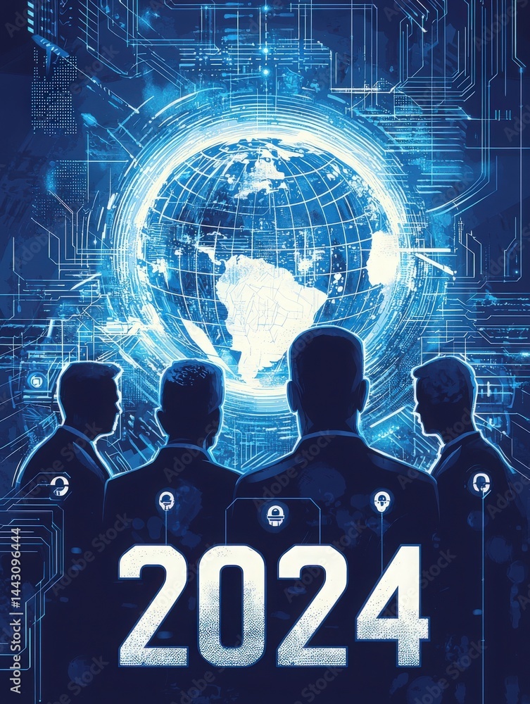 Four figures in business suits look towards a futuristic digital globe displaying technology and data trends. The setting emphasizes innovation and leadership in the year 2024.