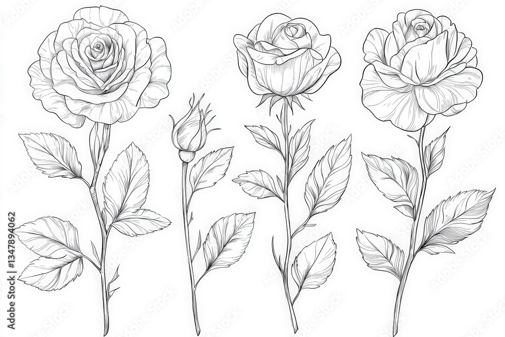 Four intricately detailed roses are depicted in a line drawing style, showcasing different stages of bloom. Each flower is accompanied by delicate leaves, highlighting natures beauty.