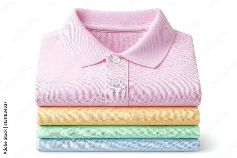 Four polo shirts in pastel colors are stacked neatly on top of each other. The colors include pink, yellow, green, and blue, showcasing a fresh summer aesthetic suitable for casual wear.