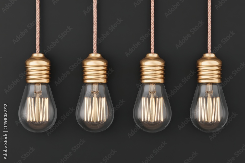 Four vintage-style light bulbs with visible filaments are suspended from a ceiling, displaying an elegant design against a deep black backdrop. Their warm glow adds a cozy atmosphere to the space.
